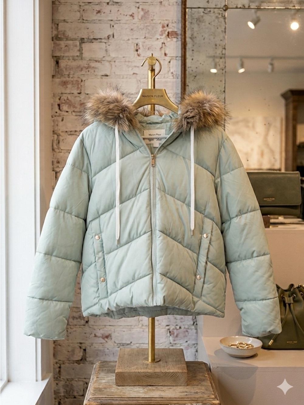 Maralyn & Me Mint Green Puffer Jacket with Faux Fur Trim Hood